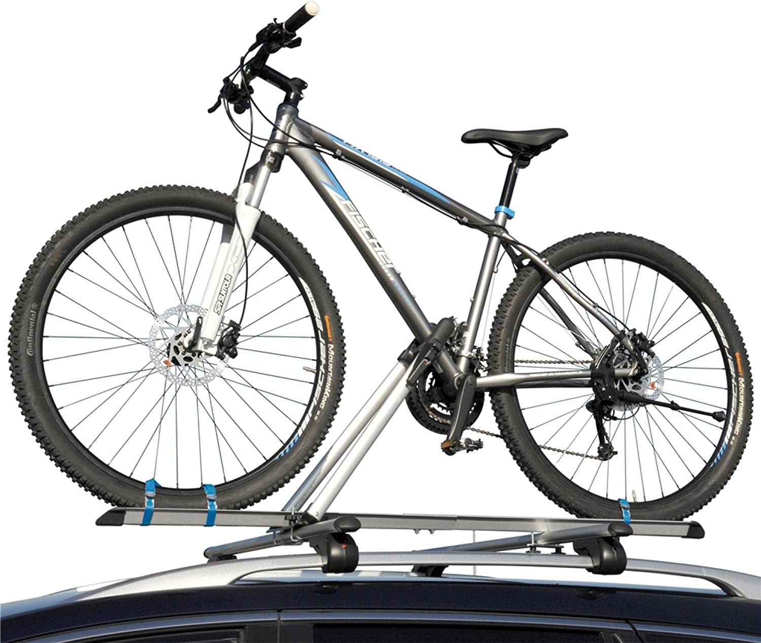 Fischer Auto Dach Fahrradträger, TÜV GS geprüft, geeignet für EIN Fahrrad, Beladung bis 15 kg, abschließbar, Silber